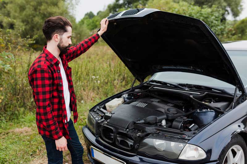 Eine Person in einem roten karierten Hemd inspiziert die offene Motorhaube eines schwarzen Autos, umgeben von Grün in einer ländlichen Umgebung.